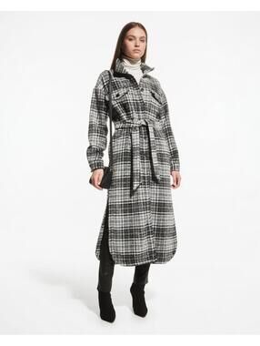 NWT LBLC THE LABEL Hayley Long Belted Plaid Wool Blend Jacket Small